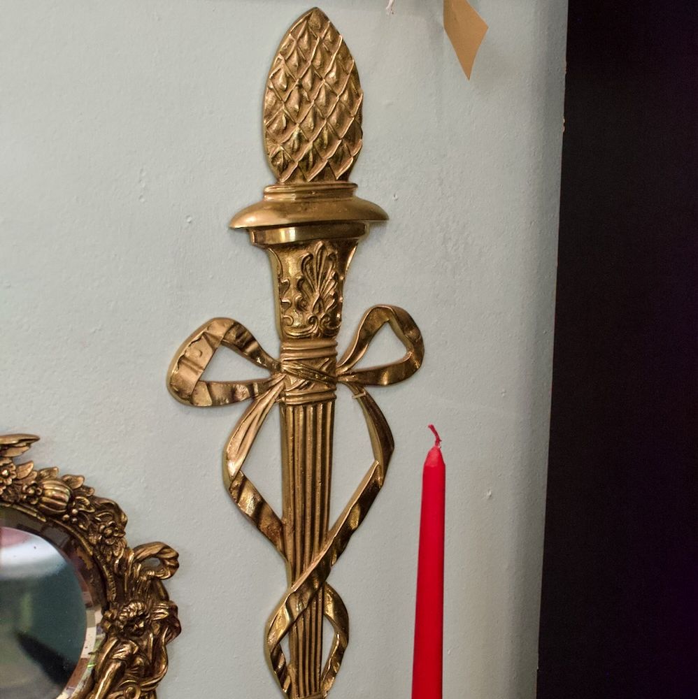 Shop Vintage solid brass “Hospitality” candle sconces pair Hunt & Gather