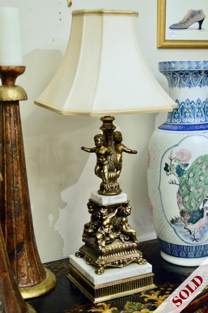Vintage Brass Marble Cherub Lamp, Vintage Brass Lamps
