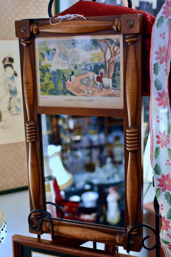 Vintage mid century “Currier & Ives” print mirror in wood frame