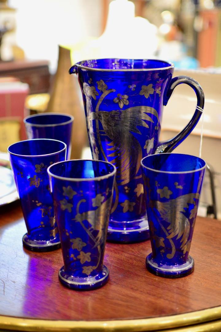 Glass cobalt pitcher & 4 glasses