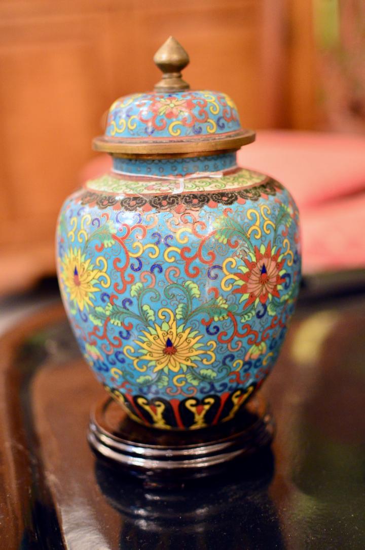 Turquoise 8” cloisonné ginger jar on stand