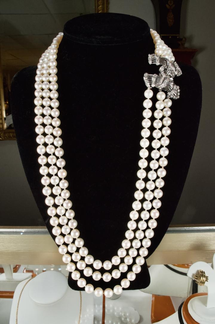 Shop Platinum & pearl 3 strand pearl necklace | Hunt & Gather