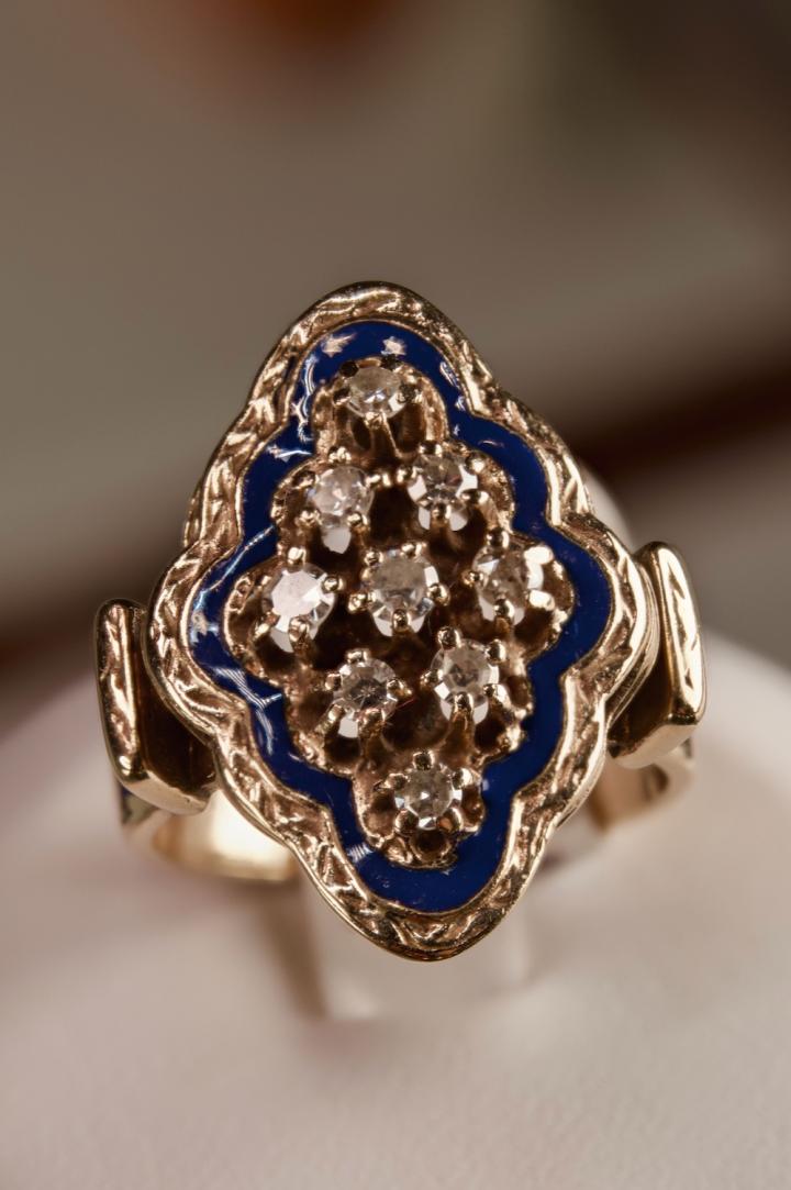 Shop Victorian 14K yellow gold blue enamel ring w/ diamonds | Hunt & Gather