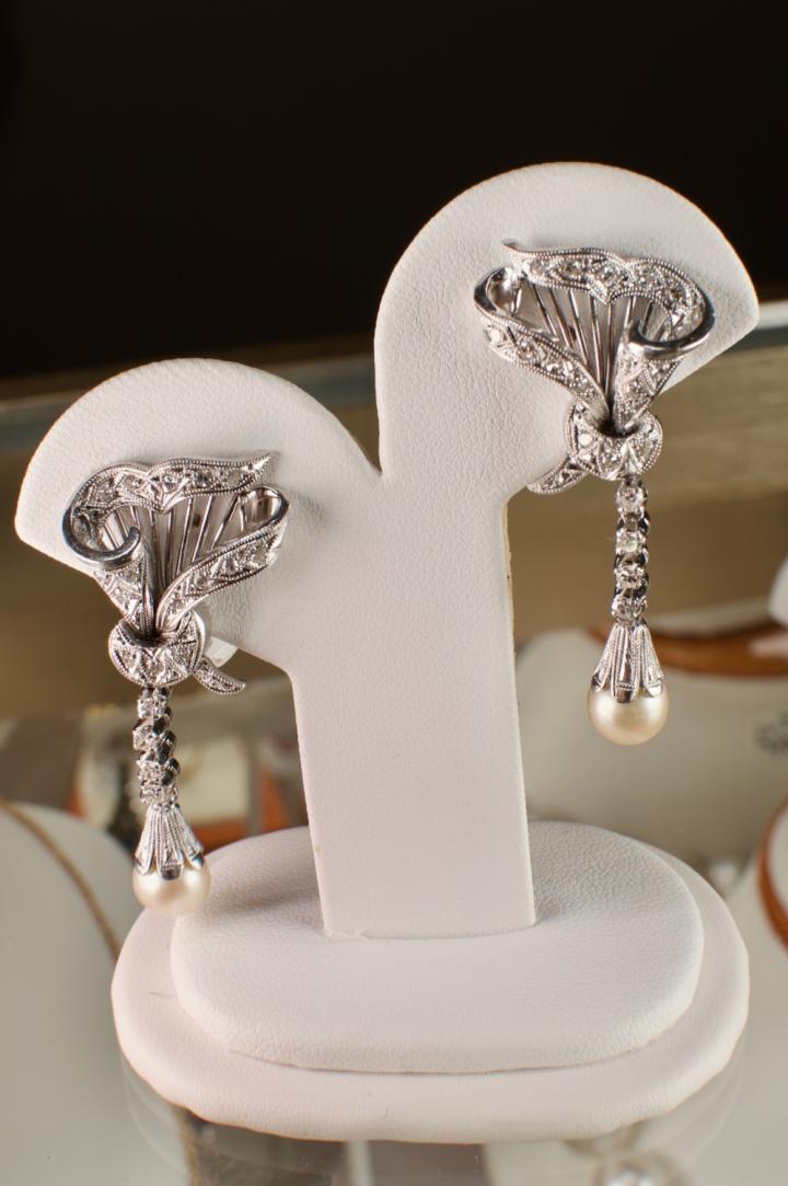 Shop C. 1940s platinum, diamond & pearl drop earrings | Hunt & Gather
