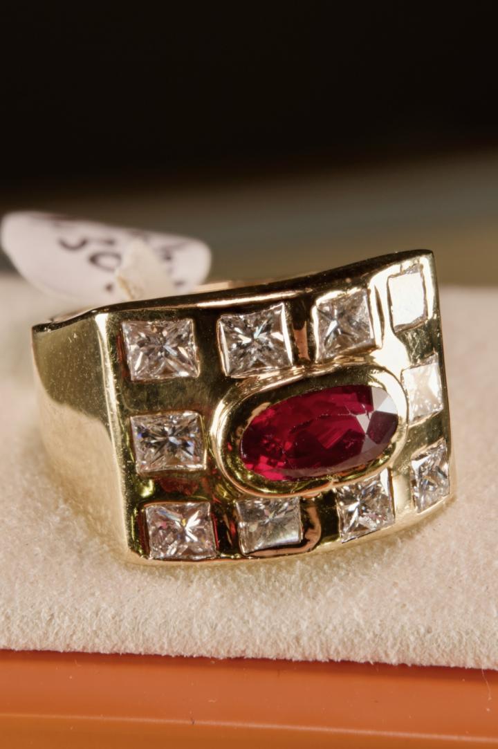 Shop 18K yellow gold ring w/ diamonds & ruby | Hunt & Gather