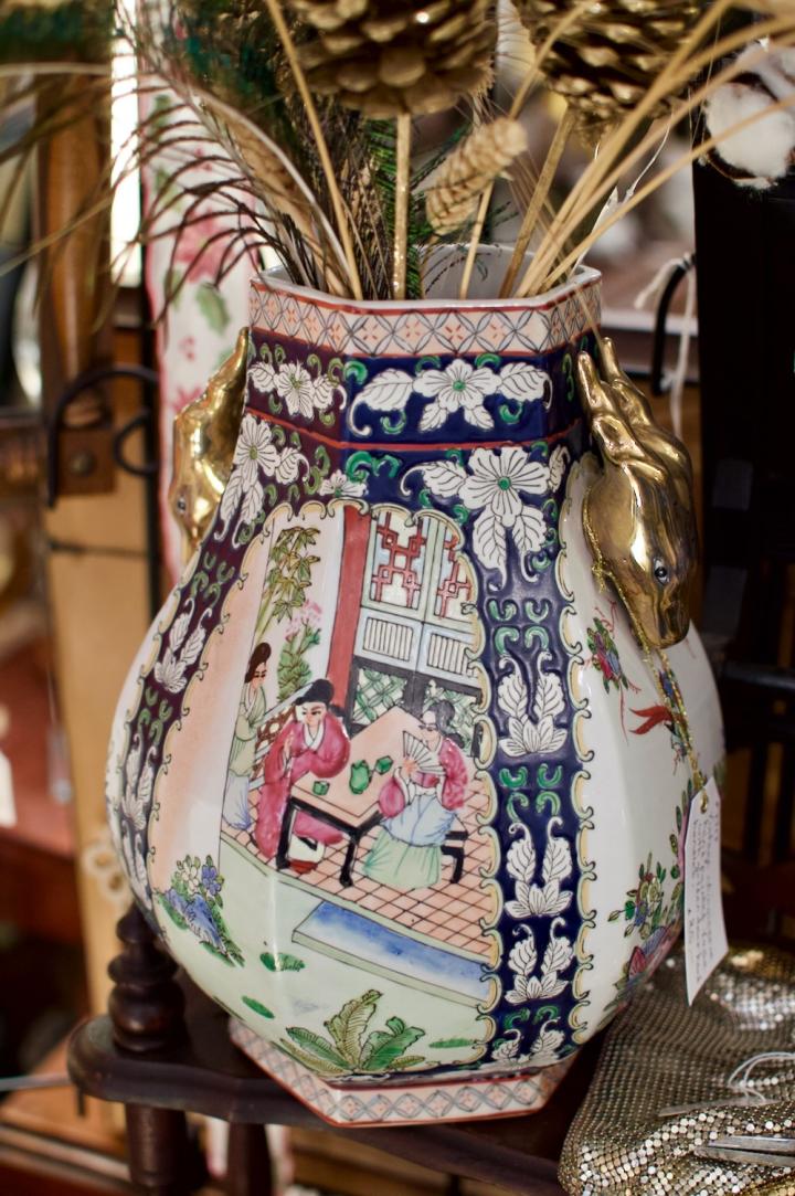 Shop Vintage chinoiserie hand painted vase w/ golden deer head handles | Hunt & Gather