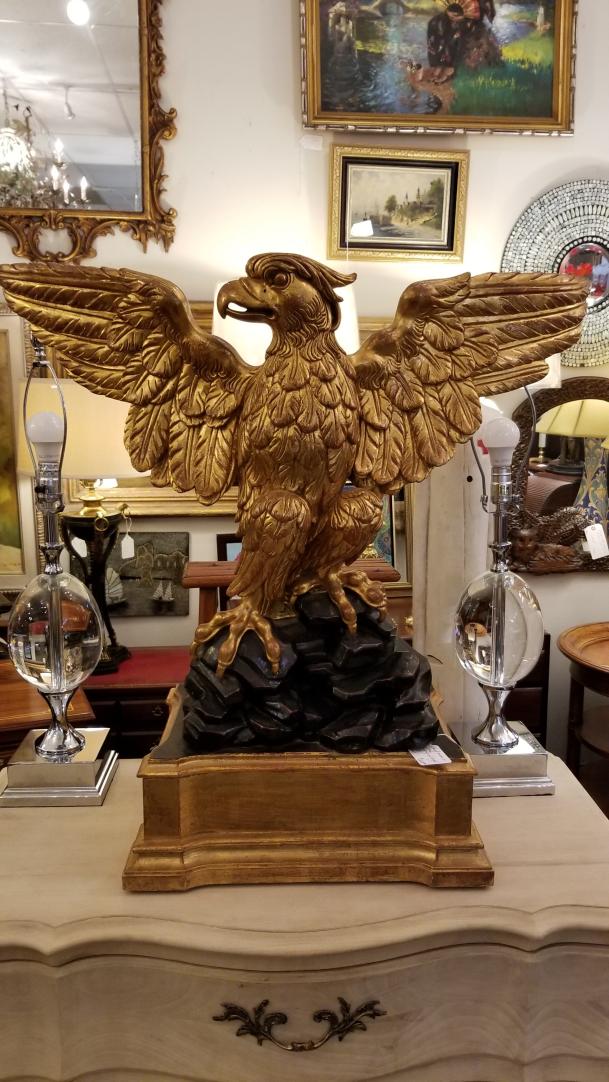 Shop Vintage Imperial Carved Gilt Wooden Eagle.  Very regal! This guy is 34" wide wings tip to tip  and 34" tall. Its pretty spectacular! | Hunt & Gather