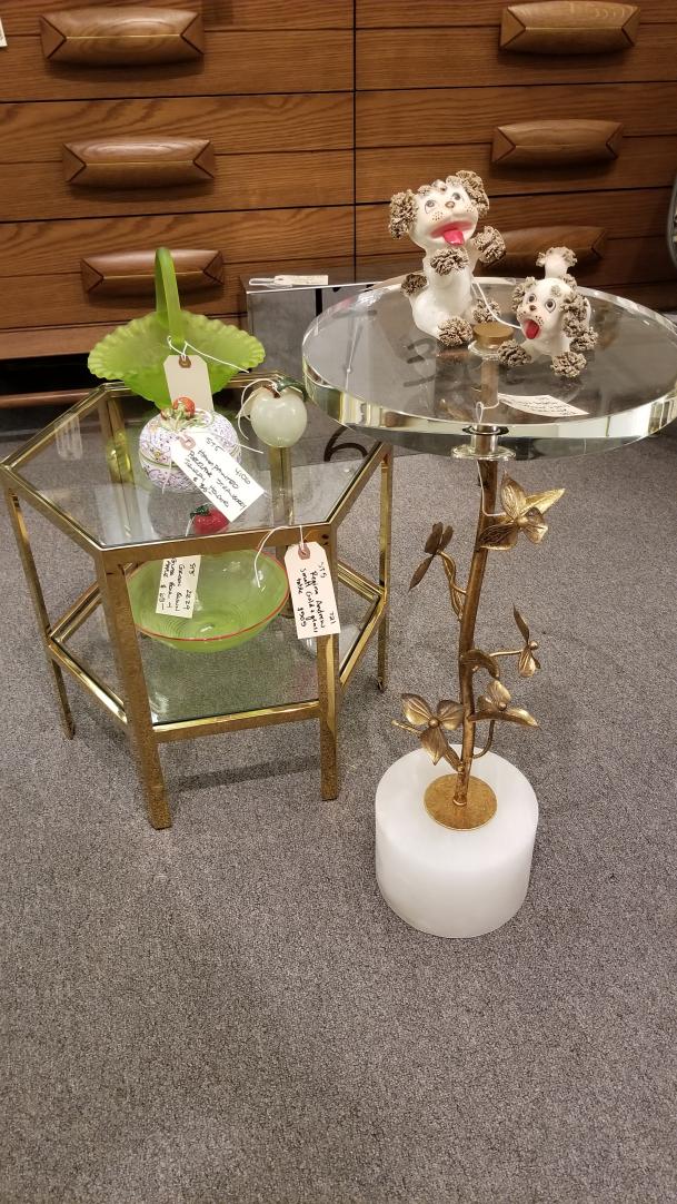 Shop Designer Regina Andrew brass and glass martini table with an alabaster base.  Pretty flower design on table leg. | Hunt & Gather