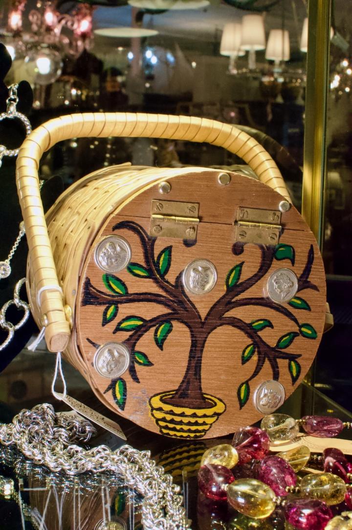 Shop British Hong Kong painted basket purse w/ faux coins | Hunt & Gather