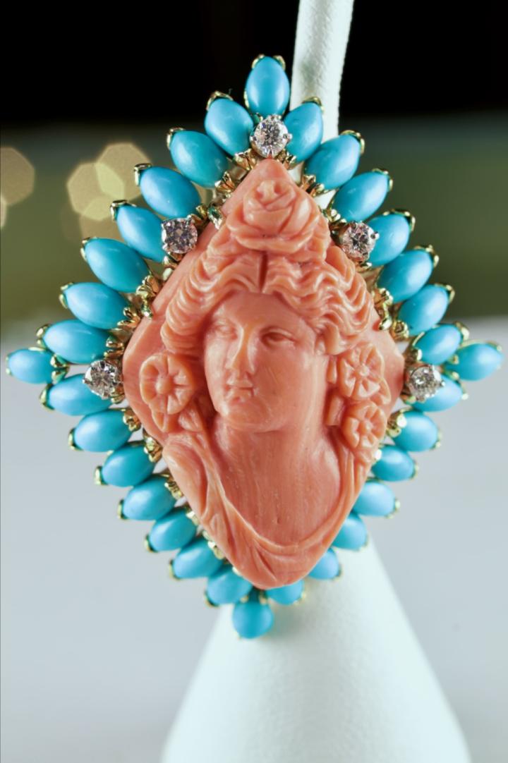Shop Vintage 18K coral cameo - Persian turquoise & diamond brooch | Hunt & Gather