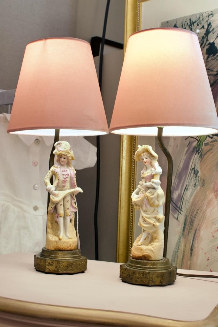 Shop Pair of figurine lamps - pink velvet shades | Hunt & Gather