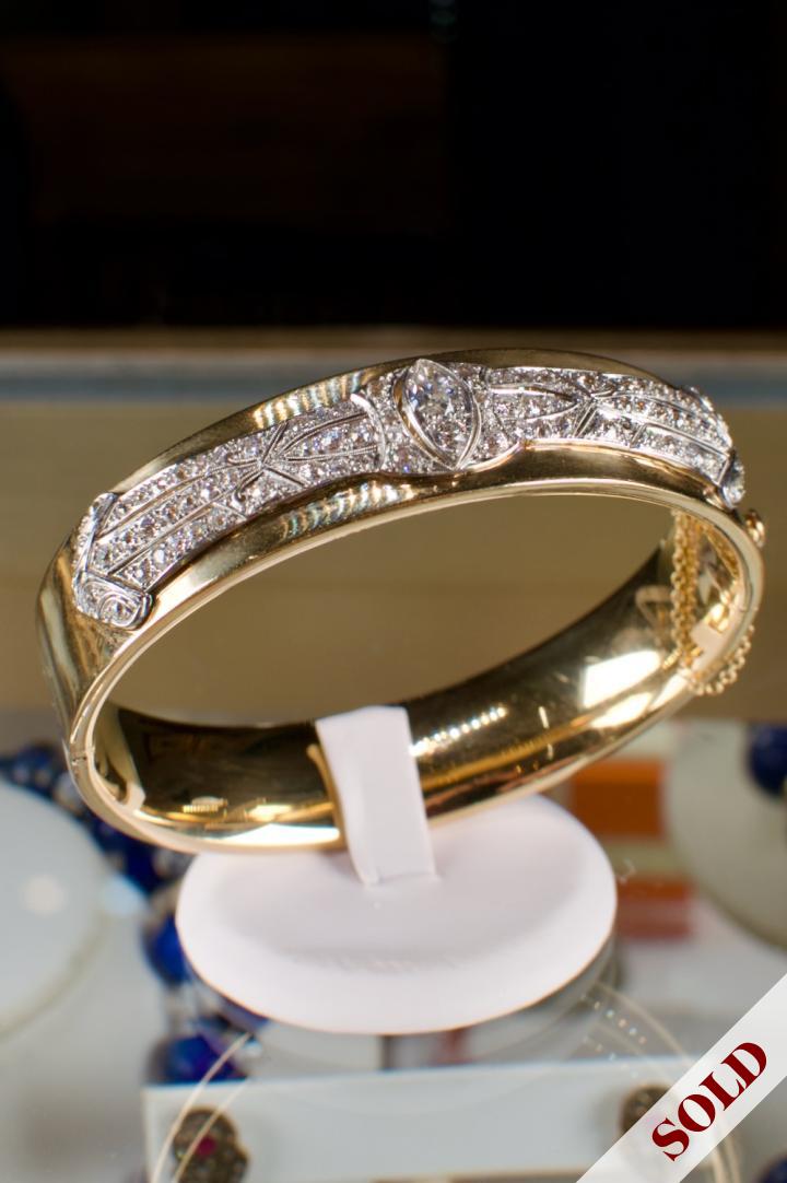 Shop 14K gold bangle w/ art deco platinum diamond bar brooch | Hunt & Gather