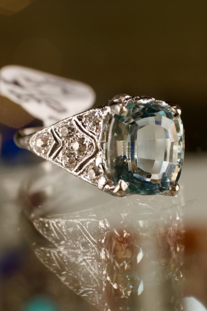 Shop Art Deco platinum aquamarine & diamond ring | Hunt & Gather