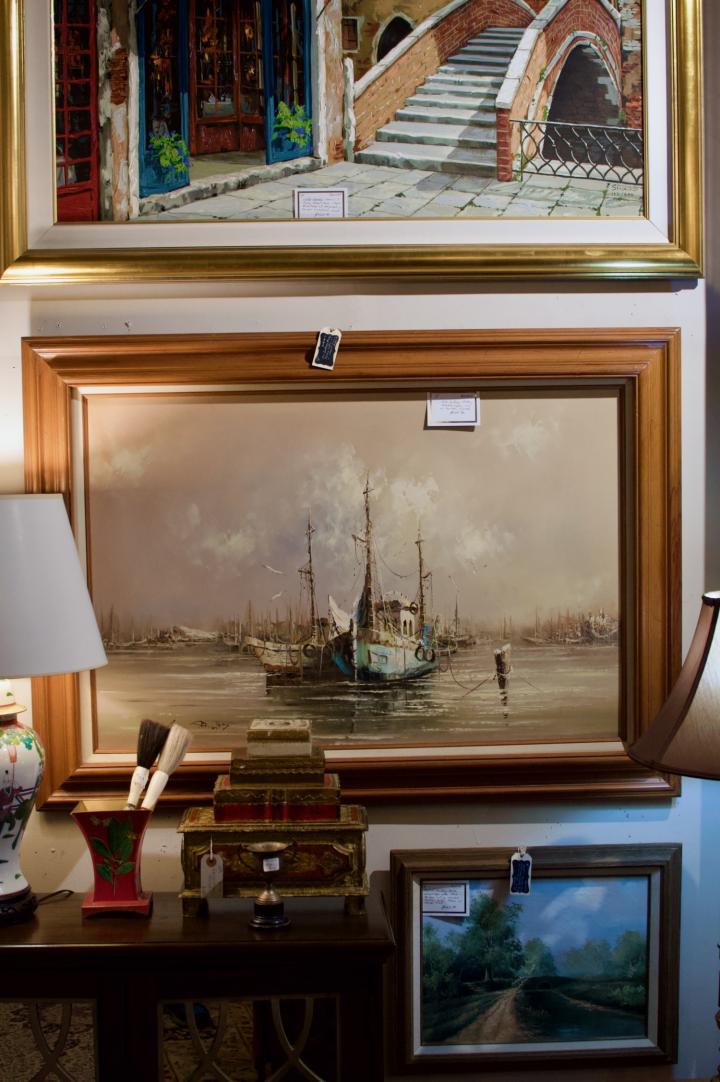 Shop Mid century modern harbor scene painting | Hunt & Gather