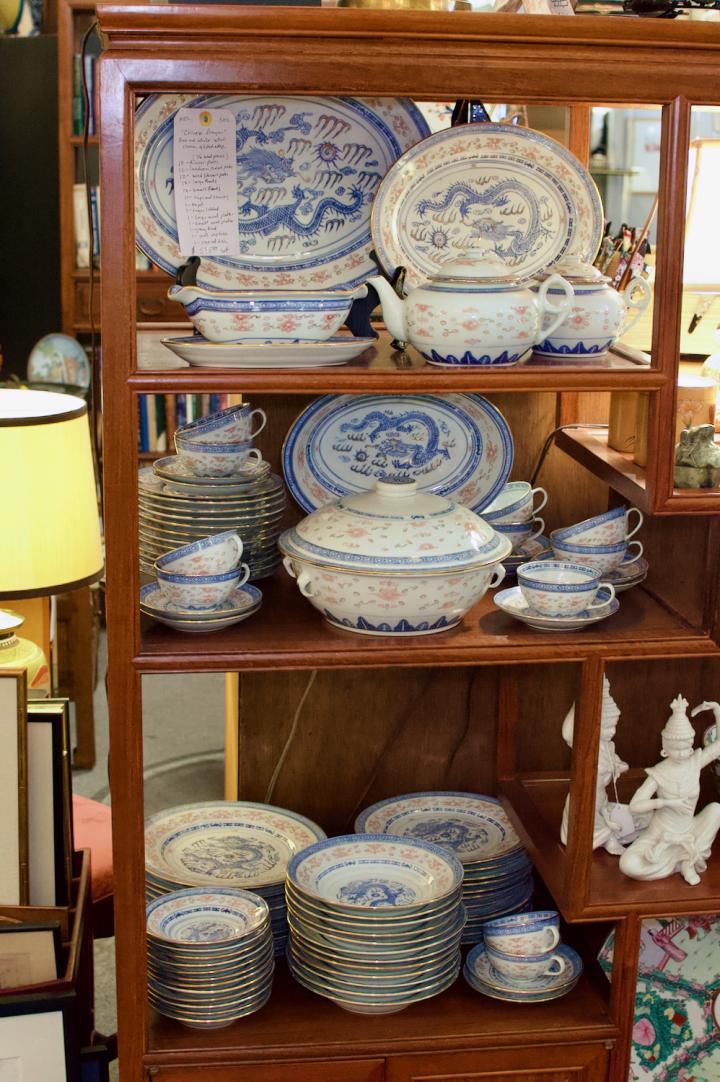 Shop “Chinese dragon” blue & white set of china, gilded edge | Hunt & Gather