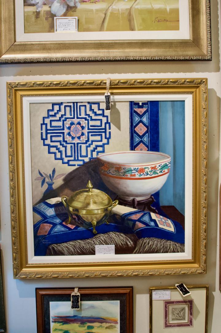 Shop Elegant still life w/ porcelain, brass & oriental rugs; oil on canvas; signed. | Hunt & Gather