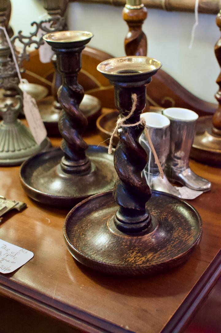 Shop Pair of short English oak 1910 barley twist candlesticks | Hunt & Gather