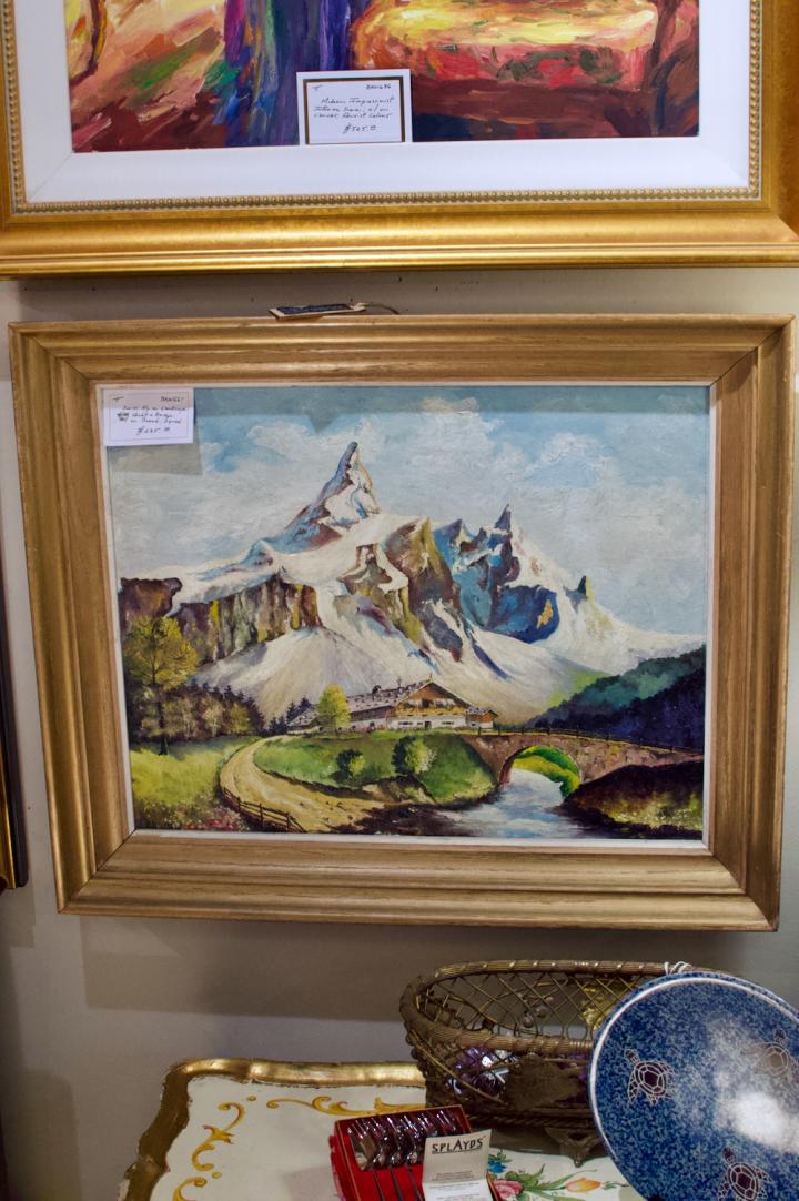 Shop Swiss alpine landscape with chalet & bridge; oil on board | Hunt & Gather