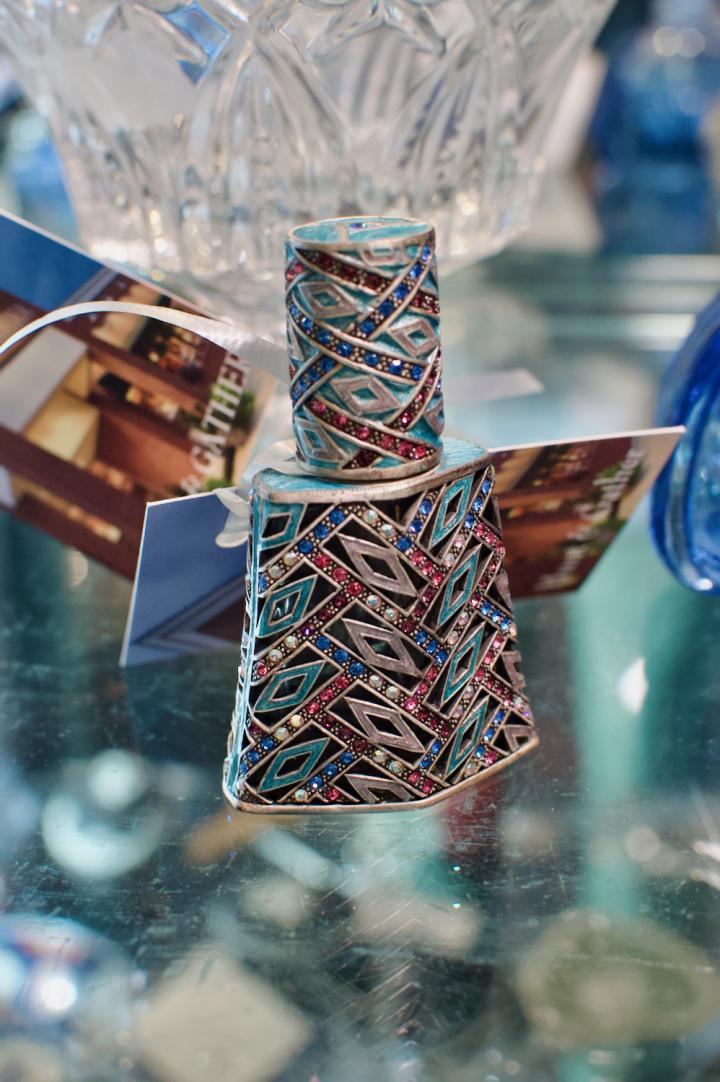 Shop Blue perfume bottle w/ multi color stones | Hunt & Gather