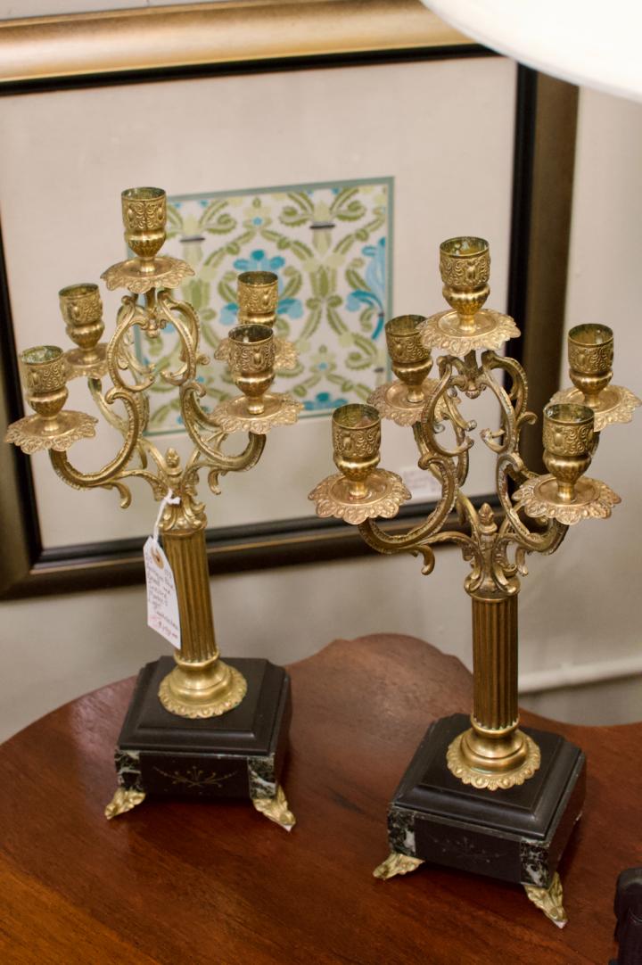 Shop Antique pair of brass & incised marble 5 light candelabra | Hunt & Gather