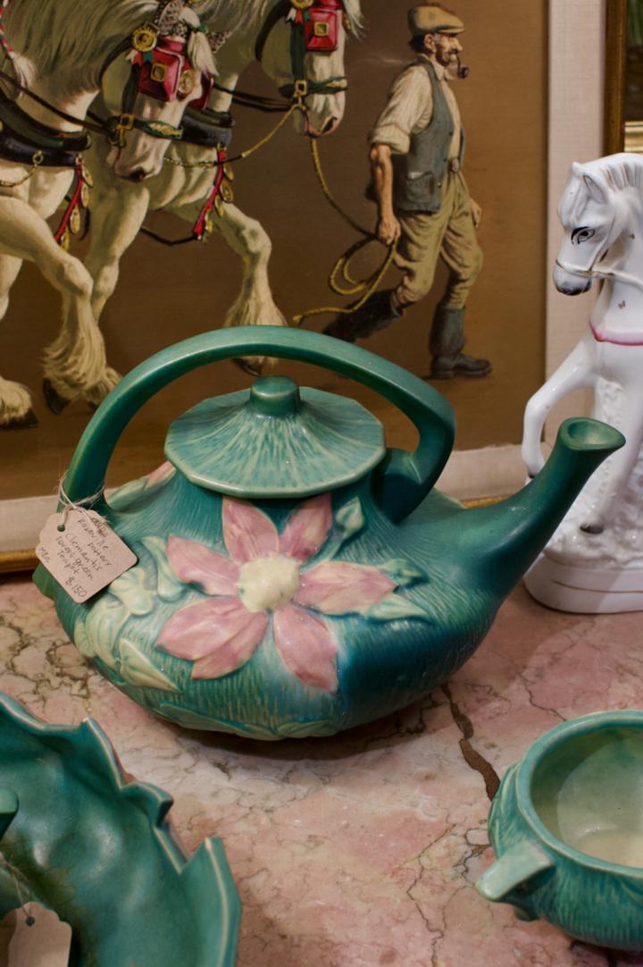 Shop 1940s Roseville pottery clematis forest green teapot | Hunt & Gather