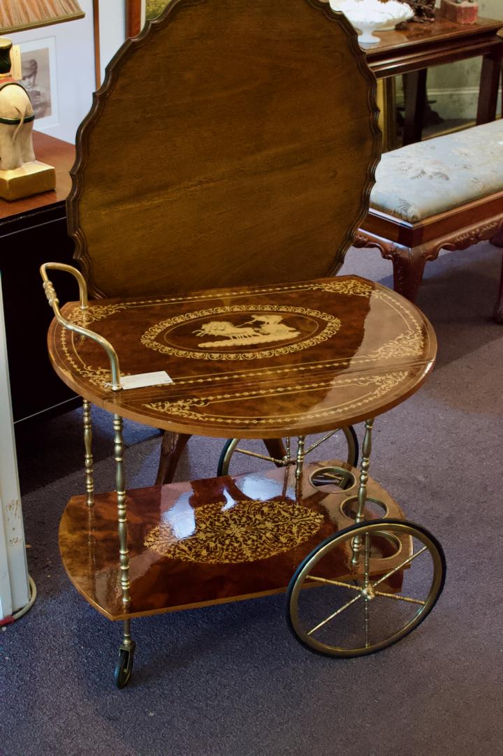 Shop Vintage Italian tiered marquetry drop-leaf dessert / bar cart trolley c. 1950-60s | Hunt & Gather