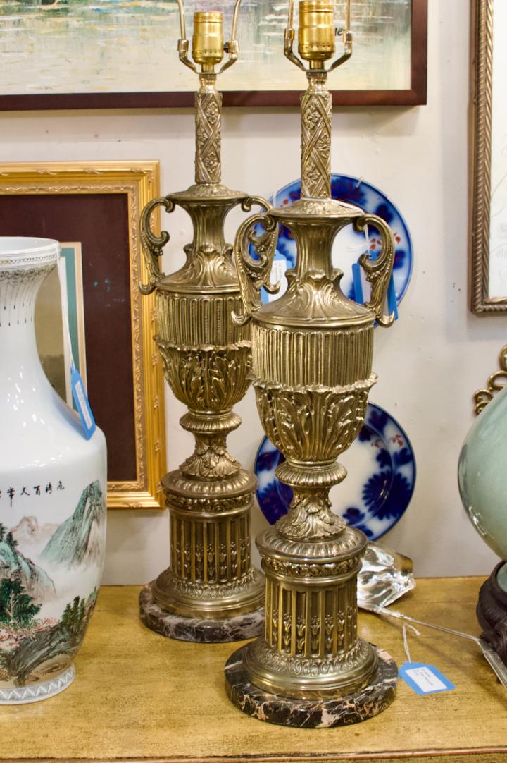 Shop Pair of beautiful brass lamps w/ marble bases | Hunt & Gather