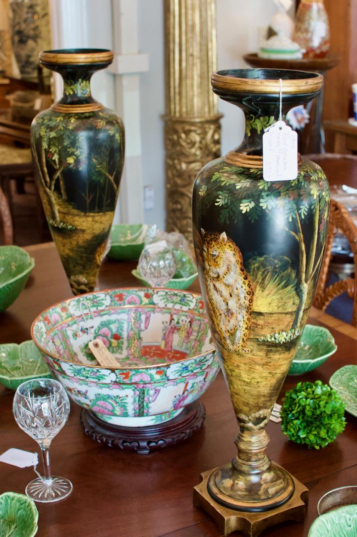 Shop Pair of porcelain vases w/ prominent leopard | Hunt & Gather