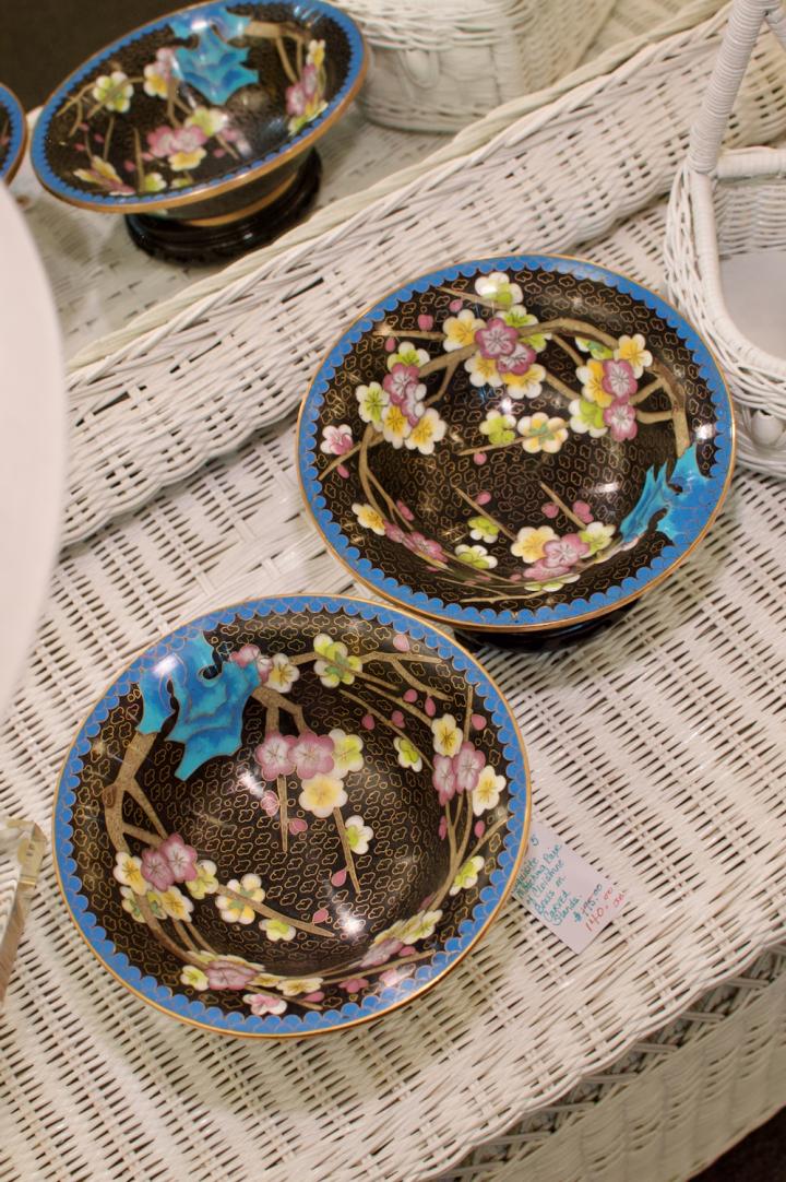 Shop Exquisite matching pair of cloisonné bowls on carved stands | Hunt & Gather