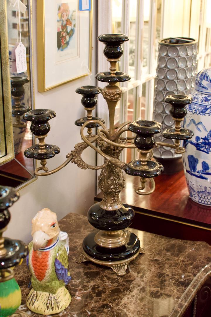 Shop Pair of beautiful art deco brass & black ceramic candelabrums | Hunt & Gather