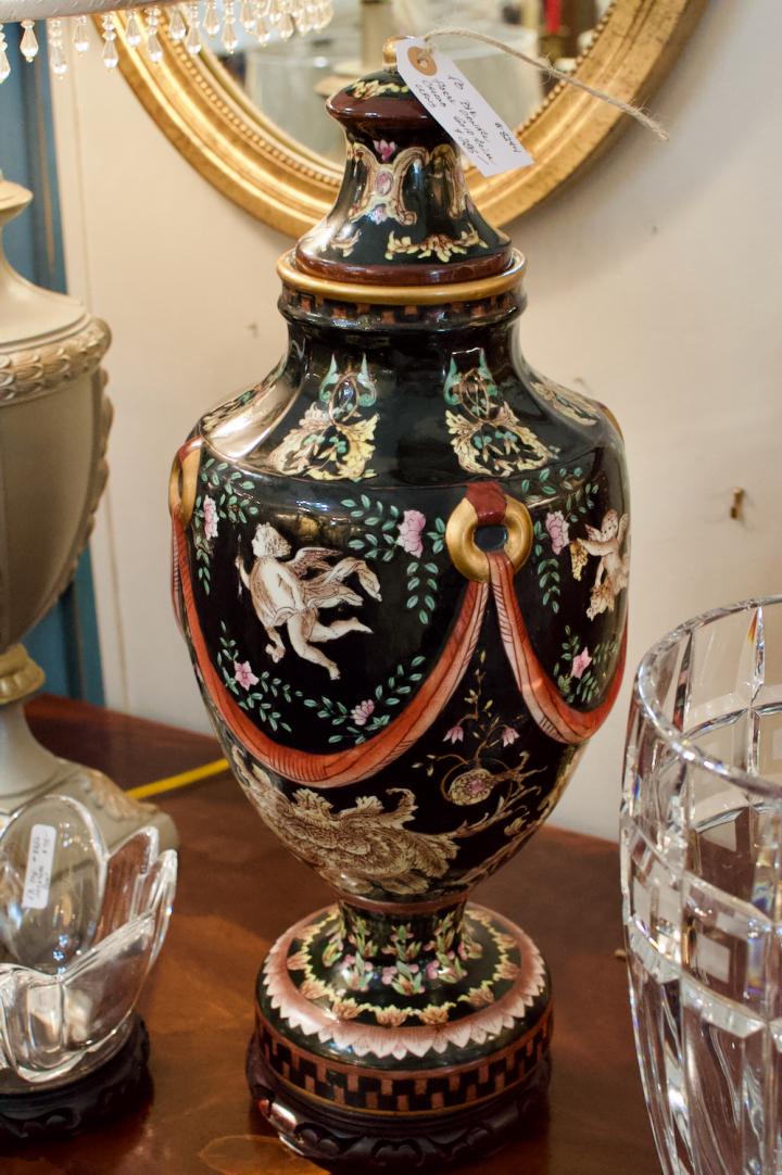Shop Black floral ornate cherub gold trim urns | Hunt & Gather