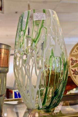 Mid century green/white ribbon over clear vase
