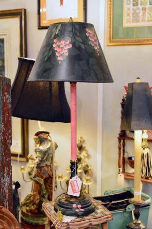 Painted candlestick lamp w/ matching hand painted shade