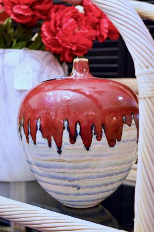 Large red & white drip pottery vase