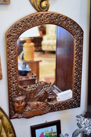 Hand carved wood framed mirror w/ cat