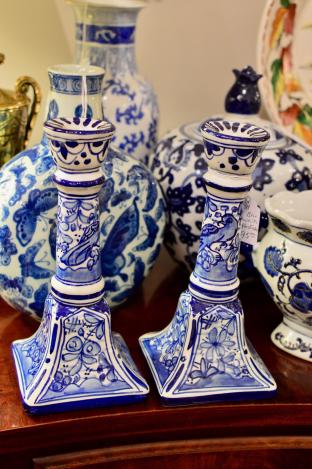 Pair of blue & white candle sticks
