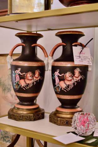 Vintage Grecian urns w/ Greek key bases. Pair