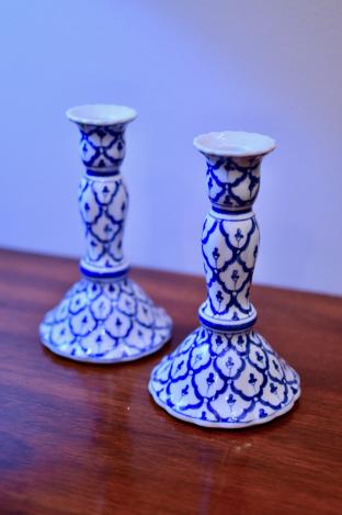 Pair of blue & white candle sticks