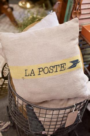 15 x 15 French “La Poste” pillow backed in antique linen