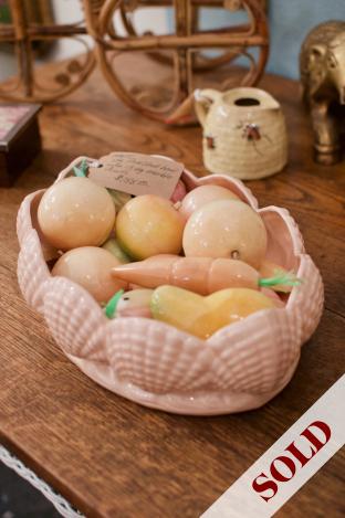 Vintage pink shell bowl w/ 13 marble fruits