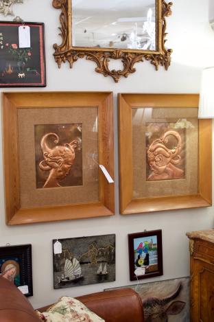 Pair of framed copper sculpture pieces