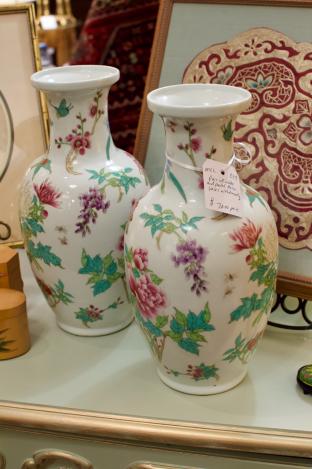 Pair of white & pastel Asian vases w/ dragonfly