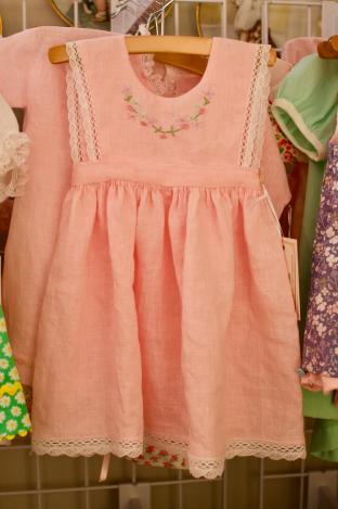 Pink linen sun dress w/ scalloped lace