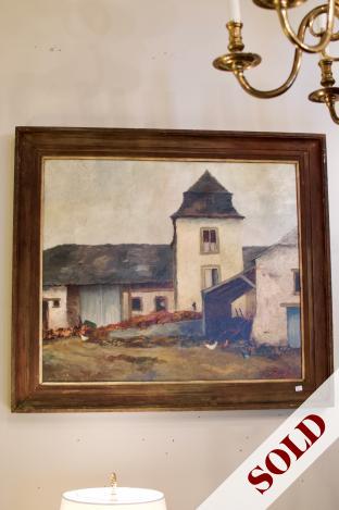 Farm house art oil on board - signed Louise Cuvelier