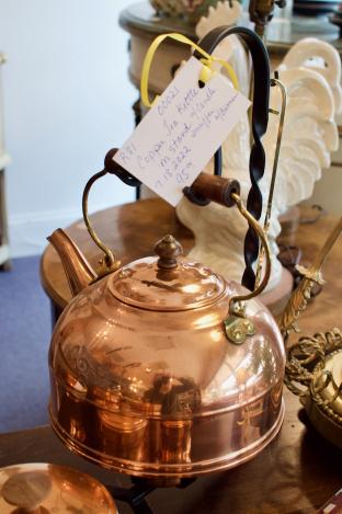 Copper tea kettle on stand w/ candle snuffer & burner