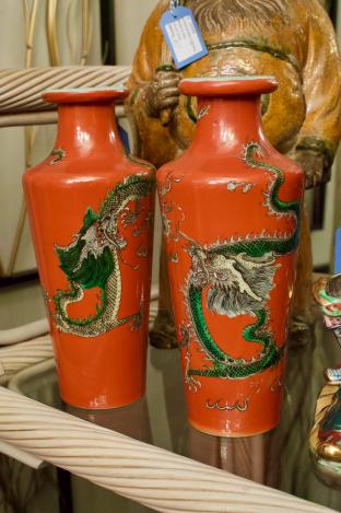 Pair of burnt orange vases w/ dragon motif
