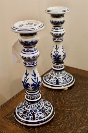 Pair of blue & white candle holders