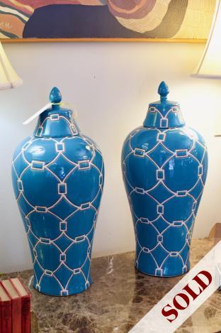 Pair of turquoise vases w/ lids