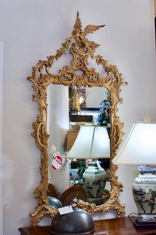 Gold Labarge mirror - ornate bird on top