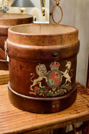 French leather bucket w/ crest & handle